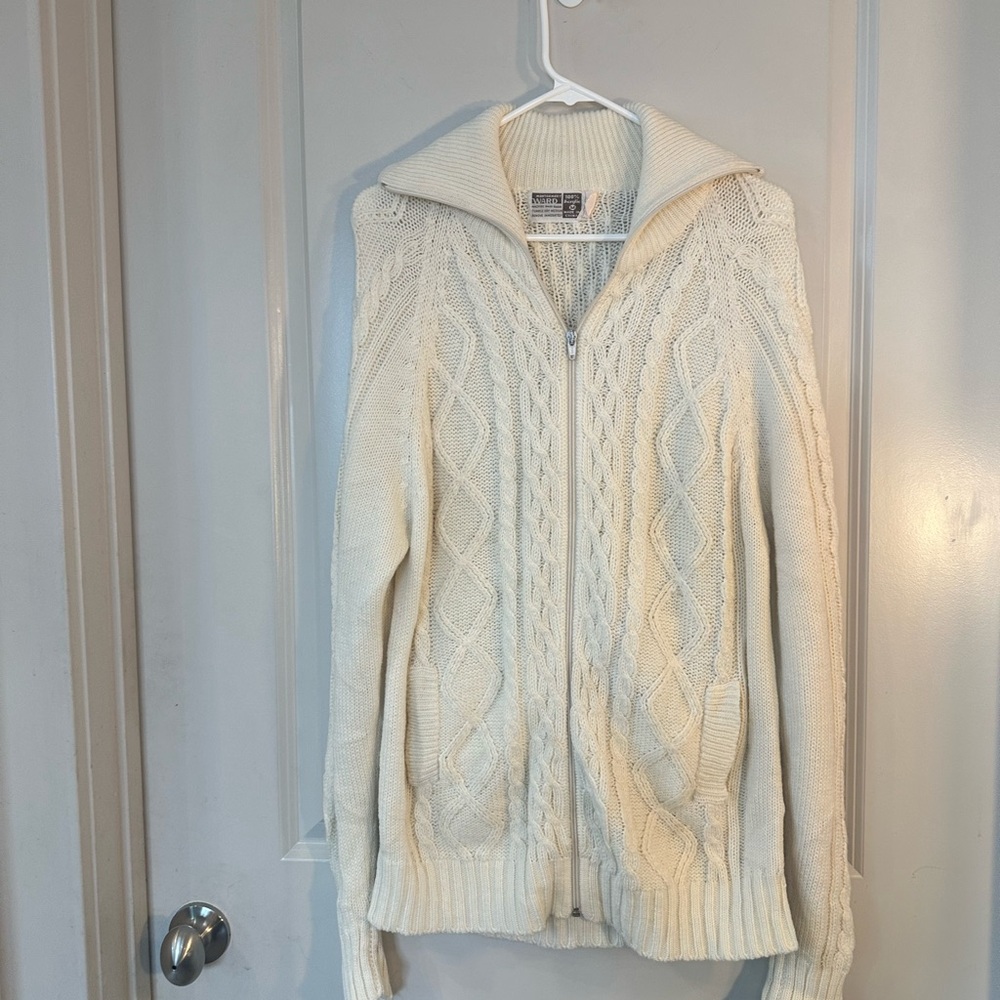 Vintage Montgomery Ward Cream Cableknit Full Zip Turtleneck Cardigan, Medium